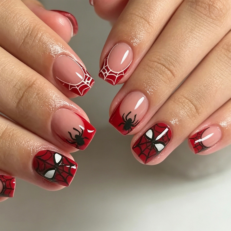 Halloween Wearable Nails with Red Spider Web and French-Style Spiderman Pattern Print, Reusable Fake Nails