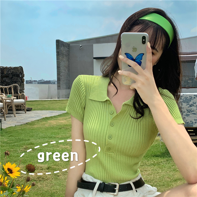 POLO collar button sweater 2024 summer Korean version of the new short thread solid color short sleeve T-shirt top women's clothing POLO collar button sweater 2024 summer Korean version of the new short thread solid color short sleeve T-shirt top women's clothing