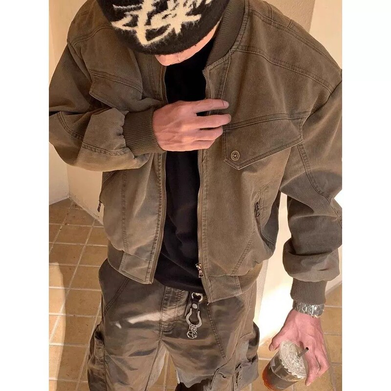 American Bomber Brown Jacket Short Retro Distressed Harrington Jacket Men's and Women's Tops 2025 Couple Wear