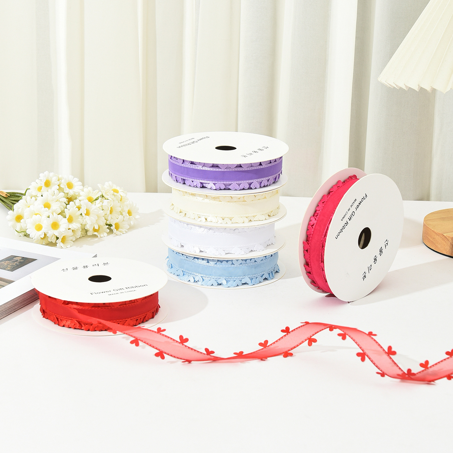 양자 사랑 리본 헤어 액세서리 DIY 활 꽃 선물 포장 리본 크로스 국경 번들 벨트