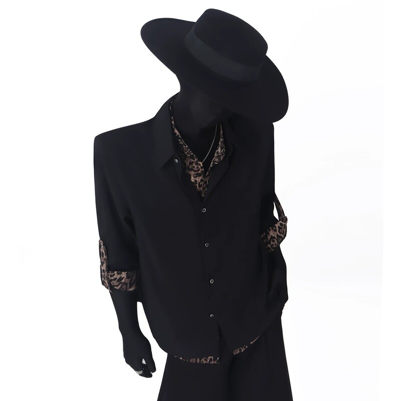 Black faux two-piece leopard print patchwork shirt, men's high-end, stylish long-sleeve shirt, men's model outfit, "Godfather" style jacket
