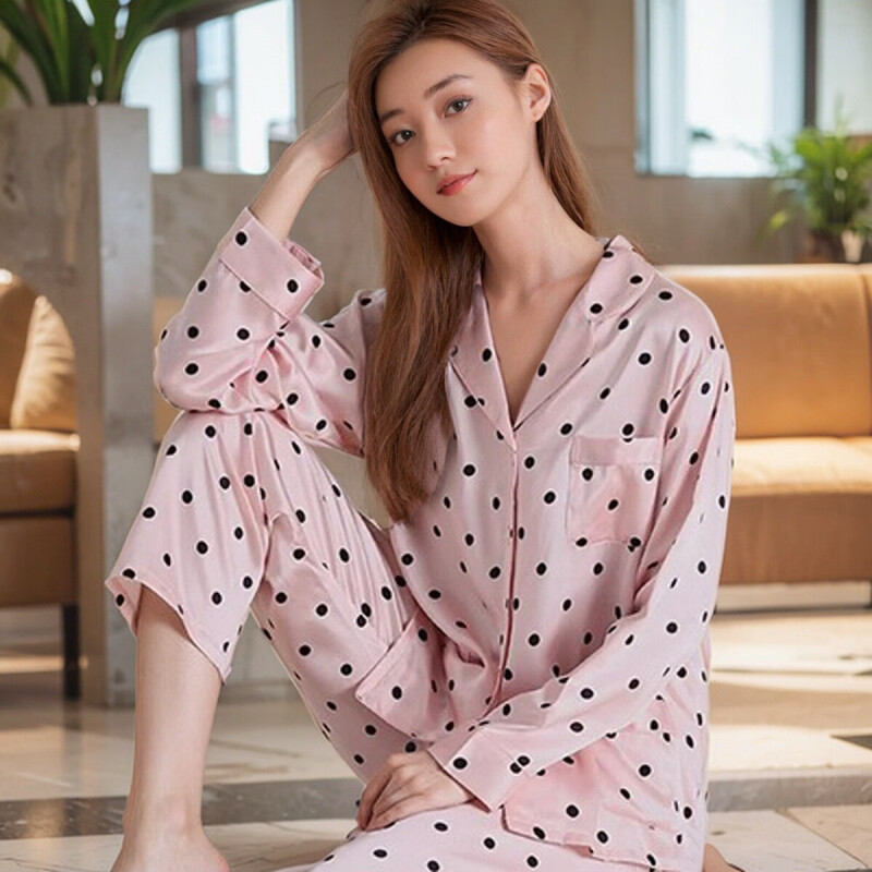 19mm 멀버리 실크 롱 + 롱 슈트 - 더블 포켓 핑크 도트