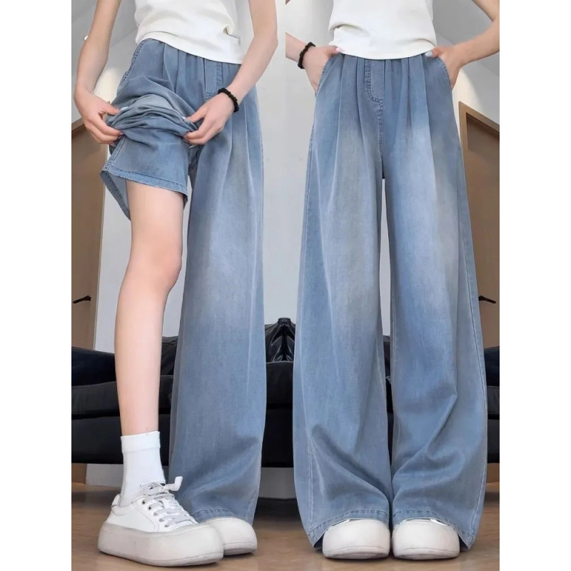 Women's Tencel straight-leg jeans, ultra-thin, loose fit, plus size, slimming for petite figures, ice silk wide-leg summer thin pants