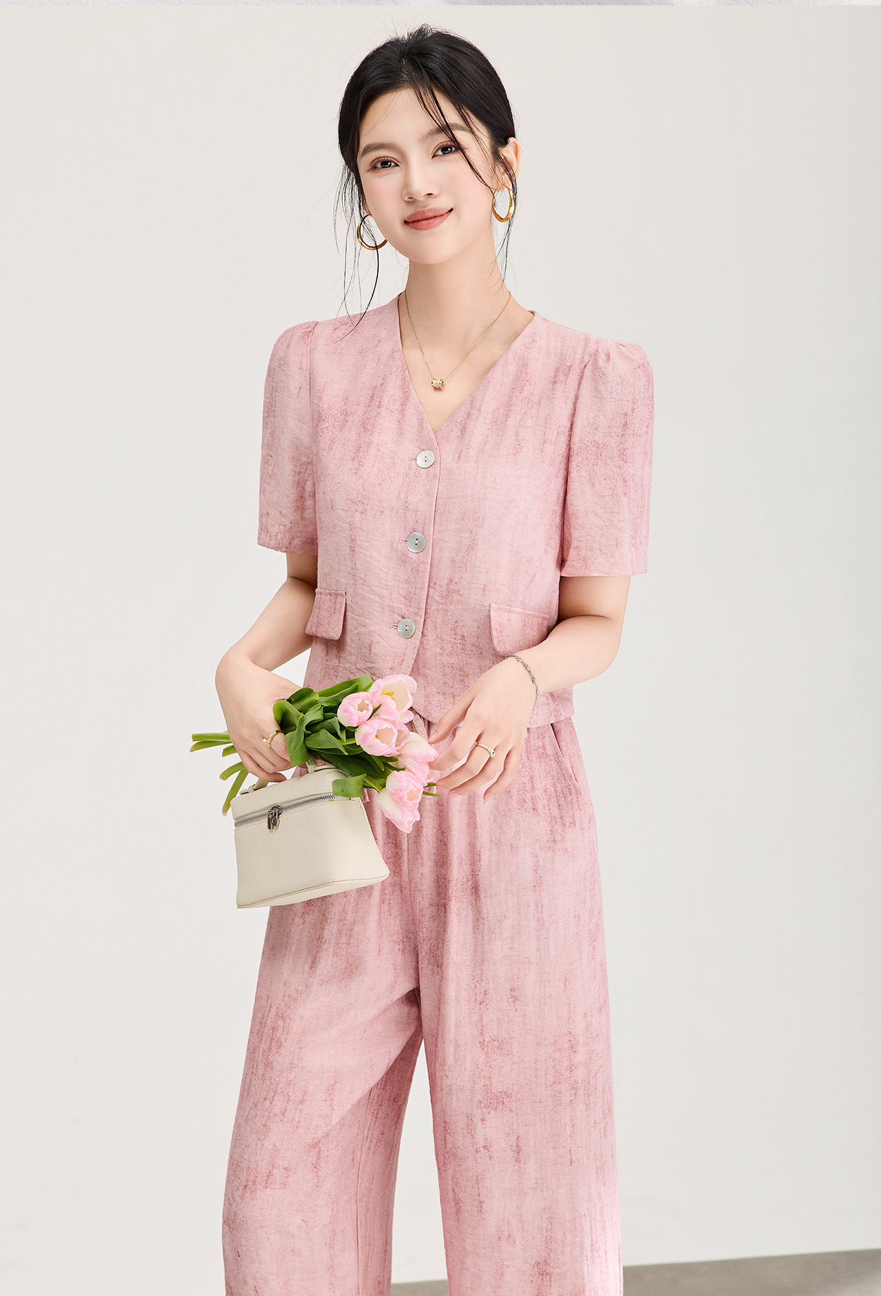 Bộ áo len cổ chữ V kết hợp quần ống rộng nữ phong cách Pháp mùa hè — màu hồng chi tiết 2
