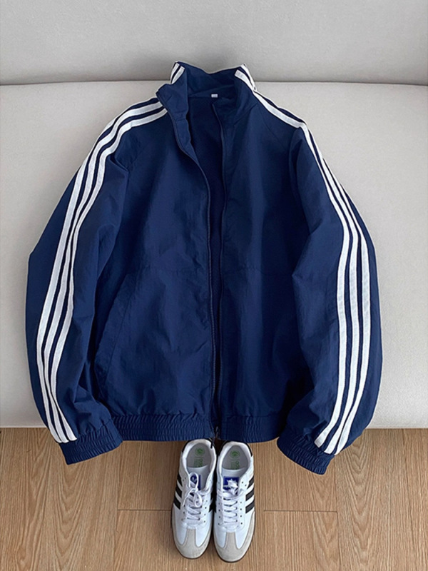Navy Blue Three-Stripe Short Jacket Men's Early Autumn Wear Stand-Up Collar Jacket American Stripesd Soft Shell Jacket Navy Blue Three-Stripe Short Jacket Men's Early Autumn Wear Stand-Up Collar Jacket American Stripesd Soft Shell Jacket