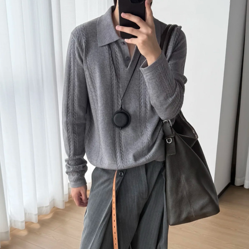 Men's Retro Knit Sweater, Oversized Collared Pullover In Grey_voghion.com