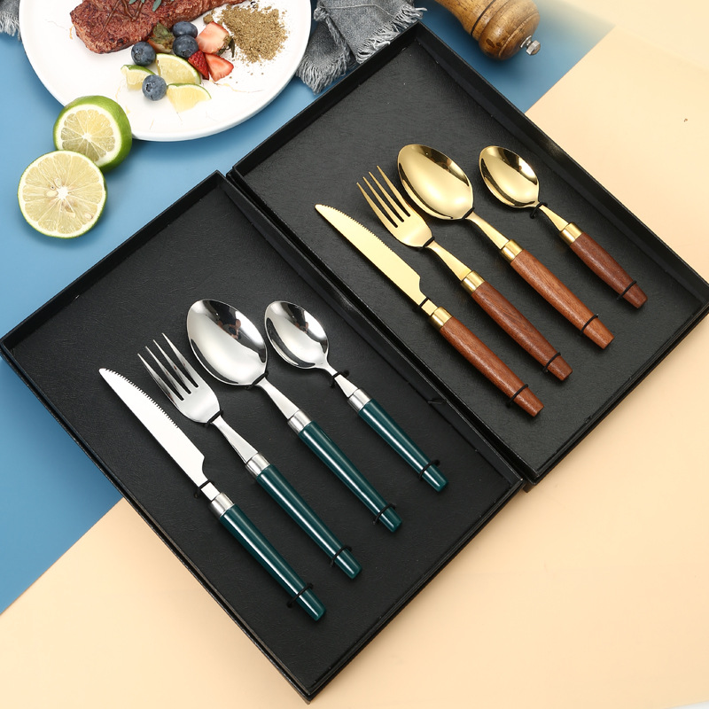 Set di 4 posate occidentali vintage con manico in legno di sapele, in acciaio inossidabile, coltello da bistecca, forchetta e cucchiaio_voghion.com