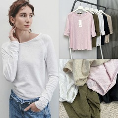 HOUSE25 Xia Xin Yuan Yuan 竹綿ラウンドネックシンプル通勤万能ルーズ長袖ボトリングシャツ女性用