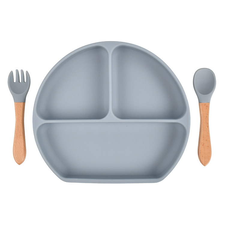 スポット分格子供食器ベビー吸盤シリコンボウル赤ちゃんスプーンストロー一体式シリコン皿|undefined