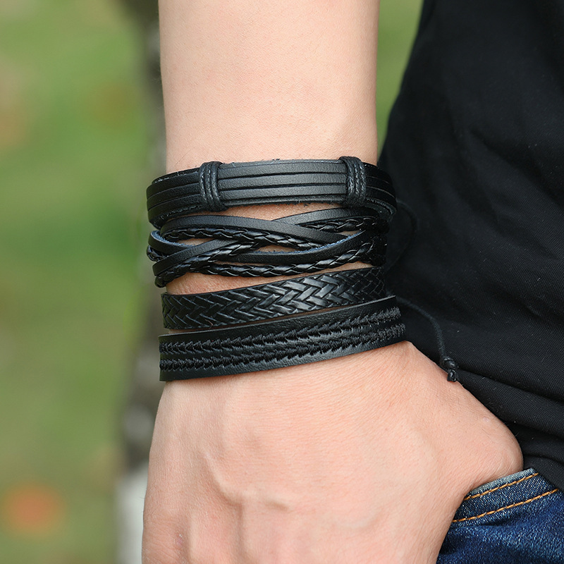 punk style multi-layer woven leather bracelet 12-piece set