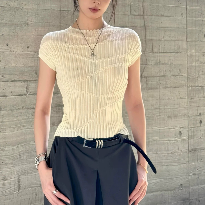 2026 New Stylish Irregular Texture Ribbed Half-Turtleneck Short-Sleeve Knit Top for Women, Thin Slim-Fit Base Layer T-Shirt