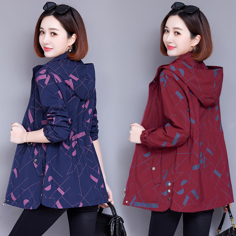 Korean Style Western-Style Printed Mid-Length Hooded Windbreaker Jacket for Women Spring & Fall Middle-Aged Mother's Wear Loose Elastic Waist