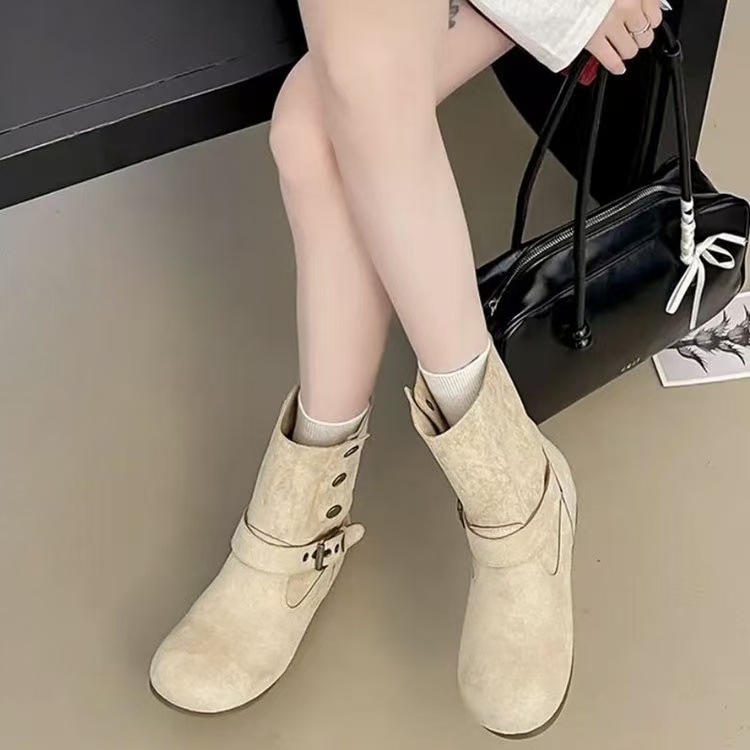 2025秋冬季新款复古西部牛仔靴女皮带扣粗跟中筒靴女直通中筒靴女|undefined
