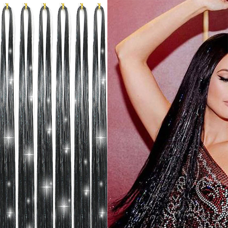Laser brillante extensión de cabello multicolor filamento de cabello fiestas de estilo trenzado decoración de cabello de seda brillante adornos de cabello al por mayor