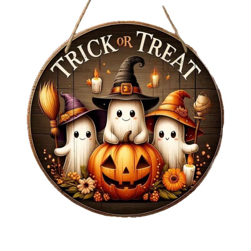 ホット販売クリエイティブ木製クラフトドアサイン吊り下げ装飾ラウンドロゴかわいいゴーストハロウィン装飾ペンダント|undefined