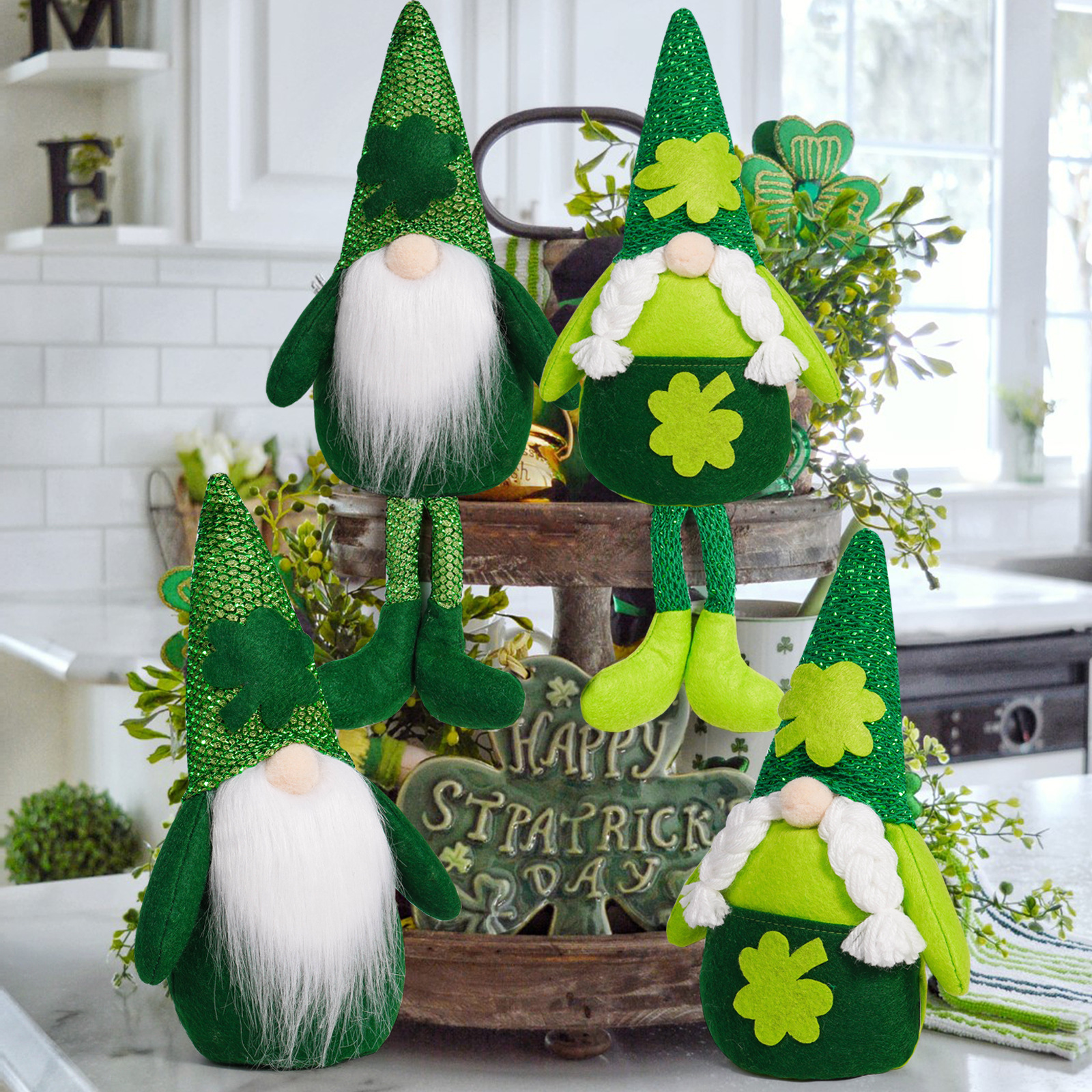 Nuevos productos transfronterizos Día de San Patricio muñecas sin cara decoraciones Festival de hojas verdes trébol piernas largas ornamentos Rudolph