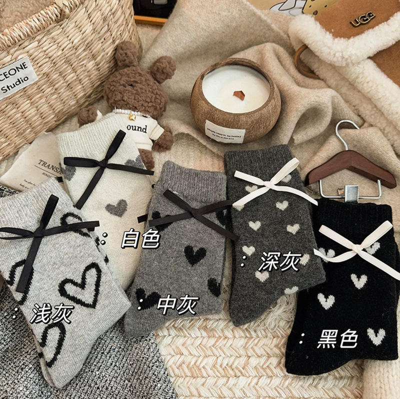 灰色爱心蝴蝶结针织袜子女中筒袜秋冬季加绒加厚保暖毛绒冬天长袜|undefined