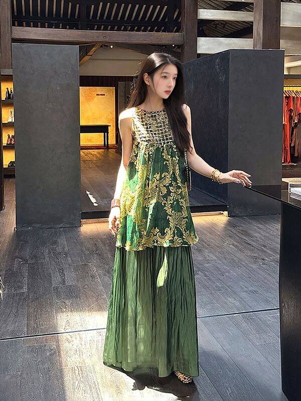 夏の中国風 2025 新しいスパンコールレーヨンドレス婦人服新中国風のハイエンドステッチ妖精スカート N6041|undefined