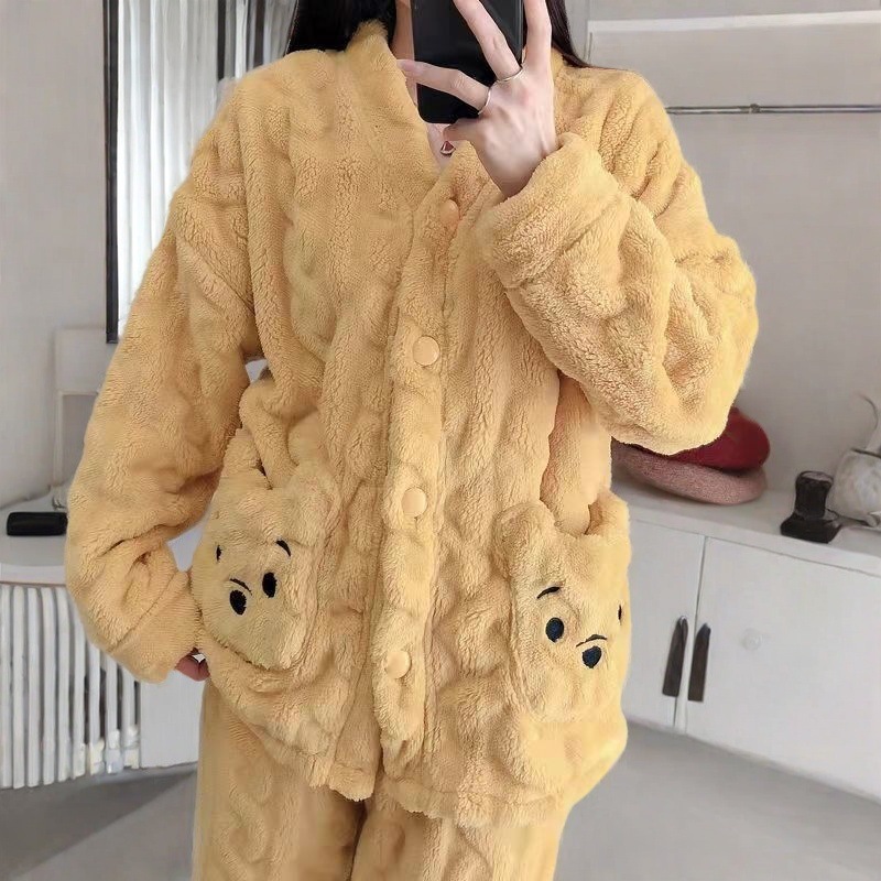 산호 벨벳 파자마 여성의 가을과 겨울 기모 두꺼운 커플 귀여운 외부 착용 새로운 긴팔 홈 세트