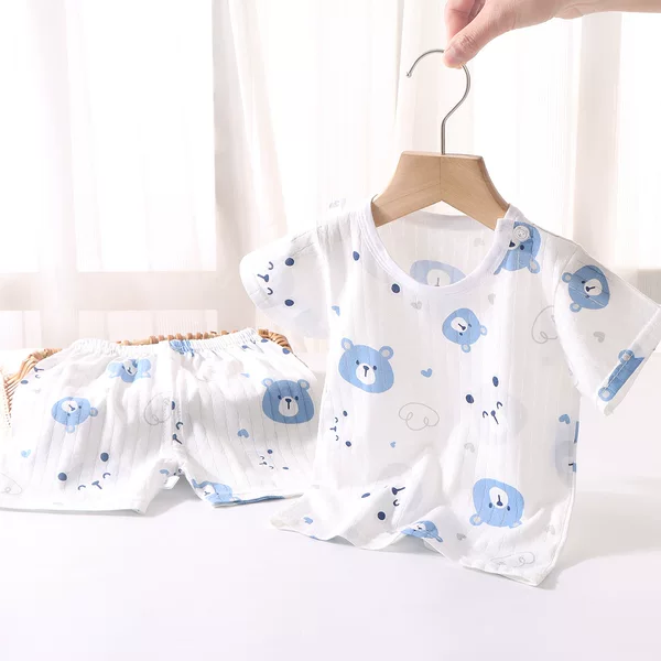 New Children's Short-Sleeved Cotton Set for Kids, Infants, Boys and Girls, Summer Thin Cotton Shorts, Children's Air-Conditioned Pajamas