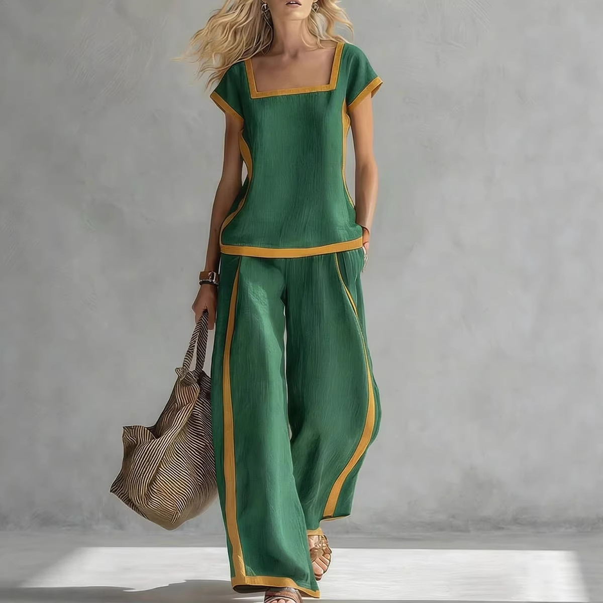 Women's Clothing Women's Cotton Linen Set Square Neck Short Sleeve Top High Waist Casual Loose Trousers Style_ecoleips.com