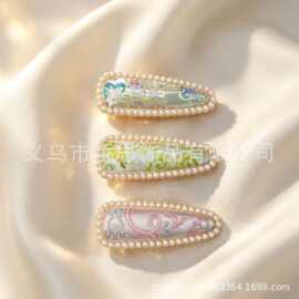现货新中式宋锦织锦发夹批发 国风珍珠边 BB 夹 饰品厂直供