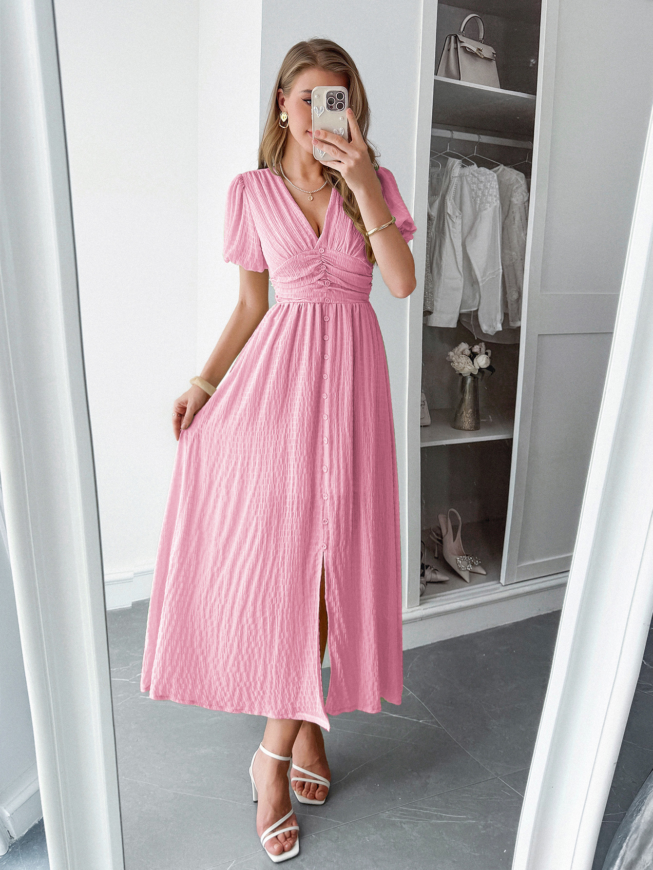 327g Weight Midi Dress Dress Length Type Short Sleeve Sleeve Length Sheath Dress Dresses Type Polyester Fabric Type Mid Waist Waist Line Casual, Daily Occasion V Neck Neckline Slim Fit Type Solid Color Pattern Summer Season Women's Gender Vacation Style Wholesale Women's Vacation Solid Color Casual Daily V Neck Short Sleeve Sheath Dress 1