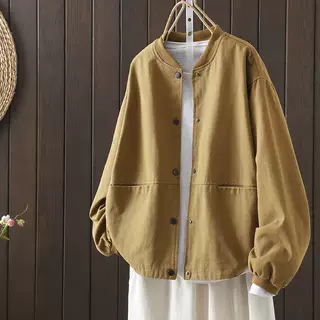 复古工装棒球服外套女宽松显瘦春秋装大码棉质立领双口袋外穿夹克