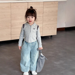 Girls' children's jacket jeans 2025 spring new short hooded top soft solid color jeans long sleeves
