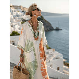 跨境跨境亚马逊欧美跨境3D数码印花V领五分袖长贴袋款卡夫坦长裙