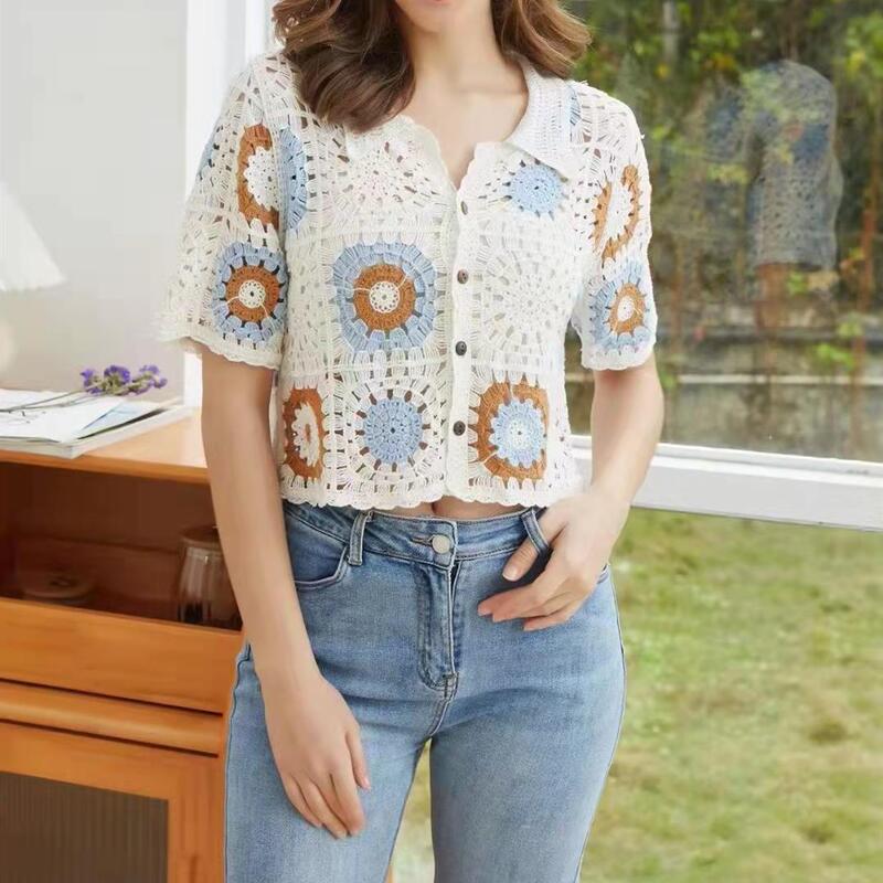 Design Sense Niche POLO Collar Single-breasted Woven Jacquard Short-sleeved Knitted Top Slim Retro Hollow Shirt Design Sense Niche POLO Collar Single-breasted Woven Jacquard Short-sleeved Knitted Top Slim Retro Hollow Shirt