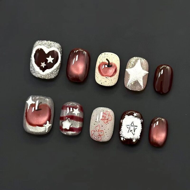 Korean-style apple star nail art, wine-red cat-eye silver glitter, retro sweet and cool, beautiful fake nail stickers, cross-border factory Korean-style apple star nail art, wine-red cat-eye silver glitter, retro sweet and cool, beautiful fake nail stickers, cross-border factory