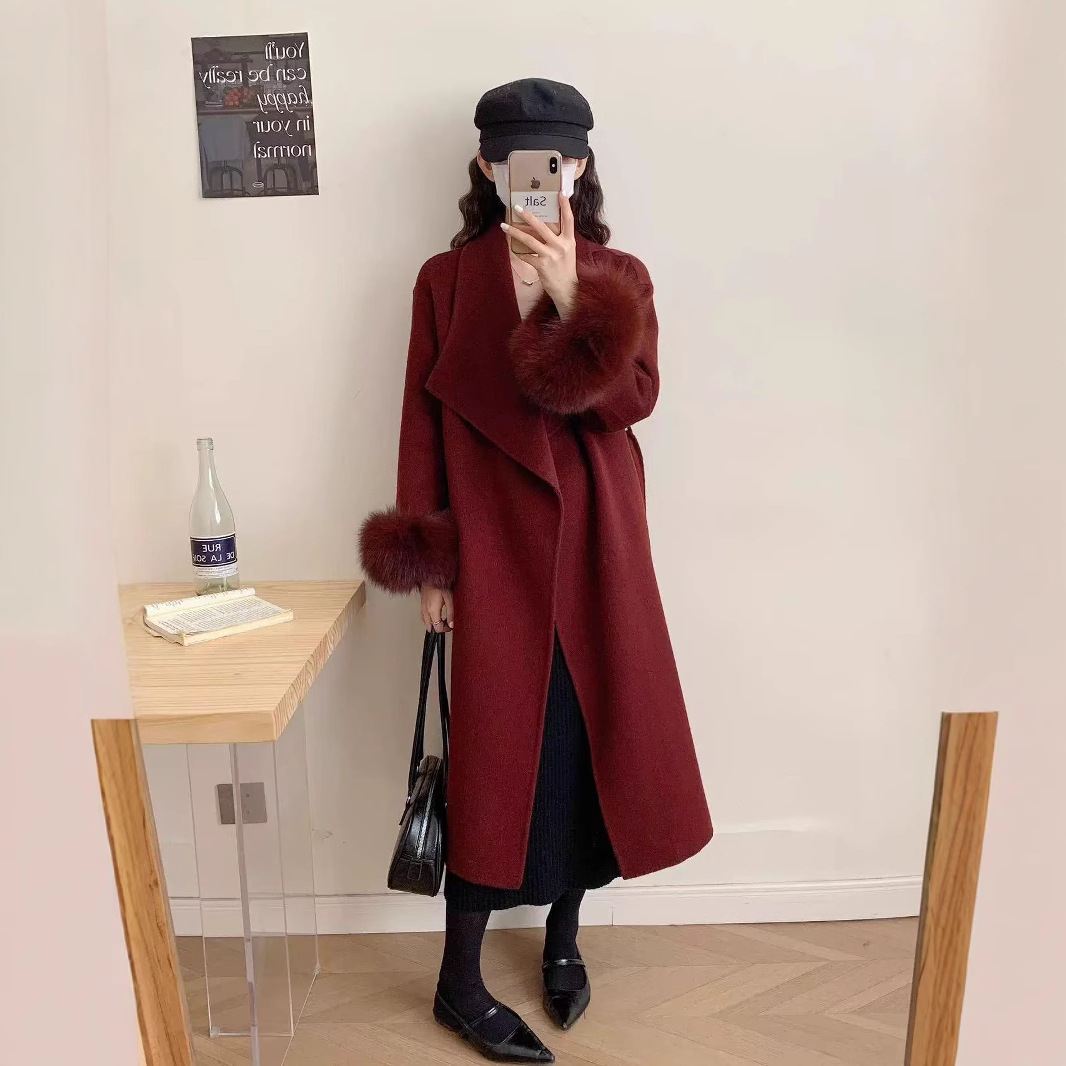 秋冬新款纯羊毛双面呢大衣女可拆卸真狐狸毛高级感气质毛呢外套冬