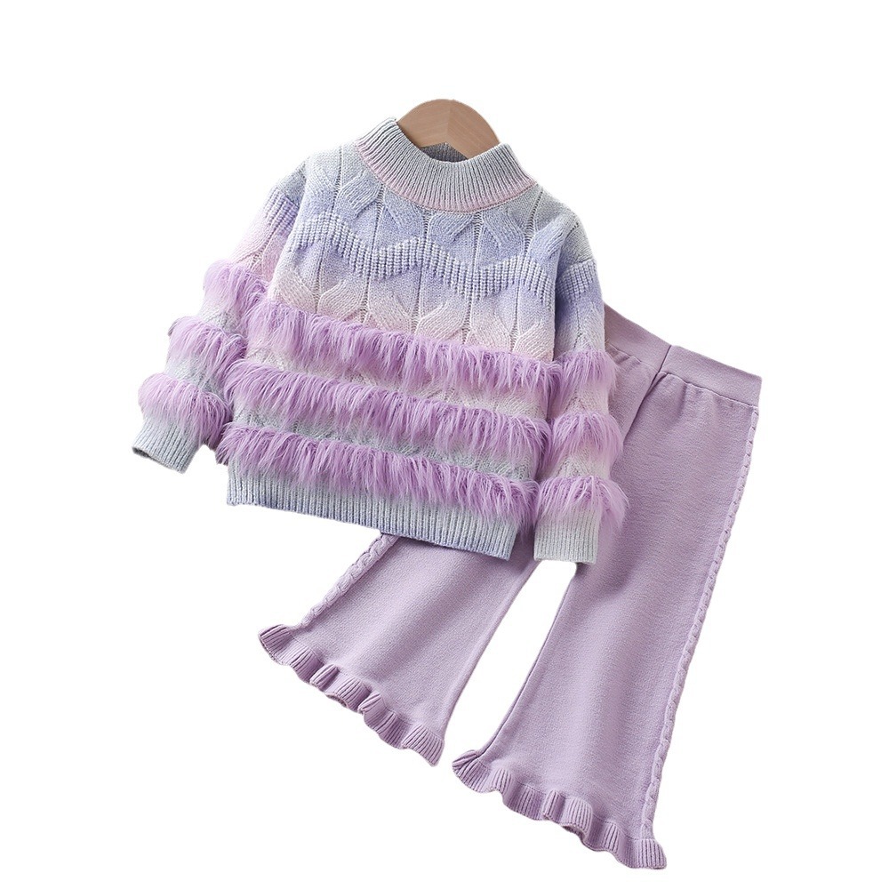 Conjunto de jersey de lana para niñas otoño-invierno 2024, dos piezas – estilo coreano y occidental.