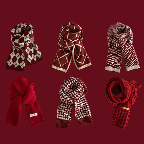 Scarf women's winter warm Christmas New Year's Eve atmosphere New Year's red high-end knitted student couple male scarf