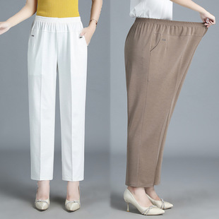 Mom's Pants Summer Thin Elastic Casual Elastic Loose High-Waisted Nine-Point Large Size Middle-Aged and Elderly Straight Pants Women's Pants