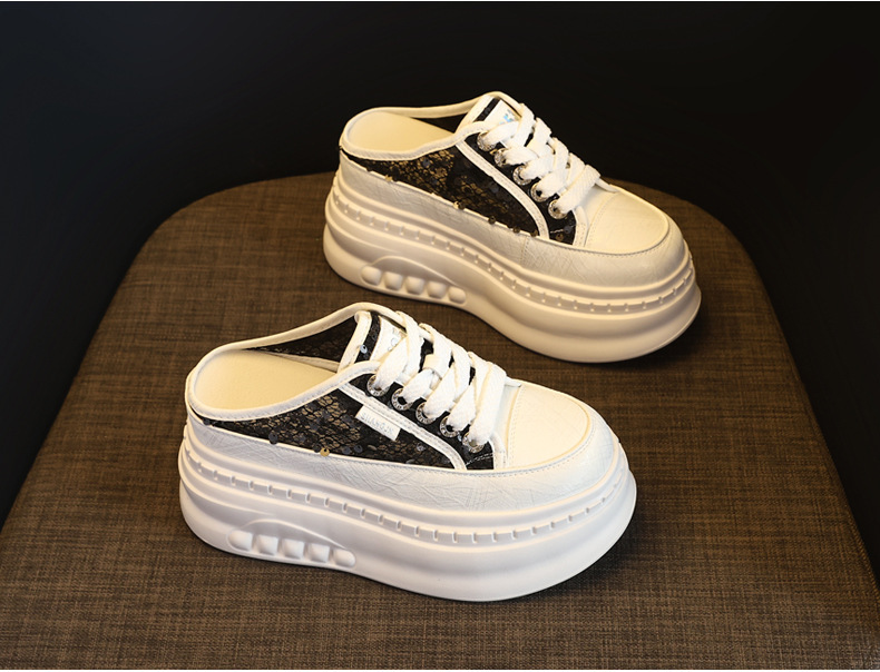 Giày sneaker nữ đế dày tăng chiều cao mũi tròn phong cách bánh mì trắng mùa hè 2026 — màu đen, màu trắng chi tiết 5