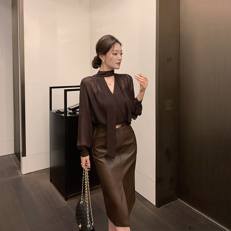 Lin Guan Guan French-Style Chiffon Brown Shirt for Women, Autumn Light Mature Temperament Coffee-Colored Long-Sleeve Top