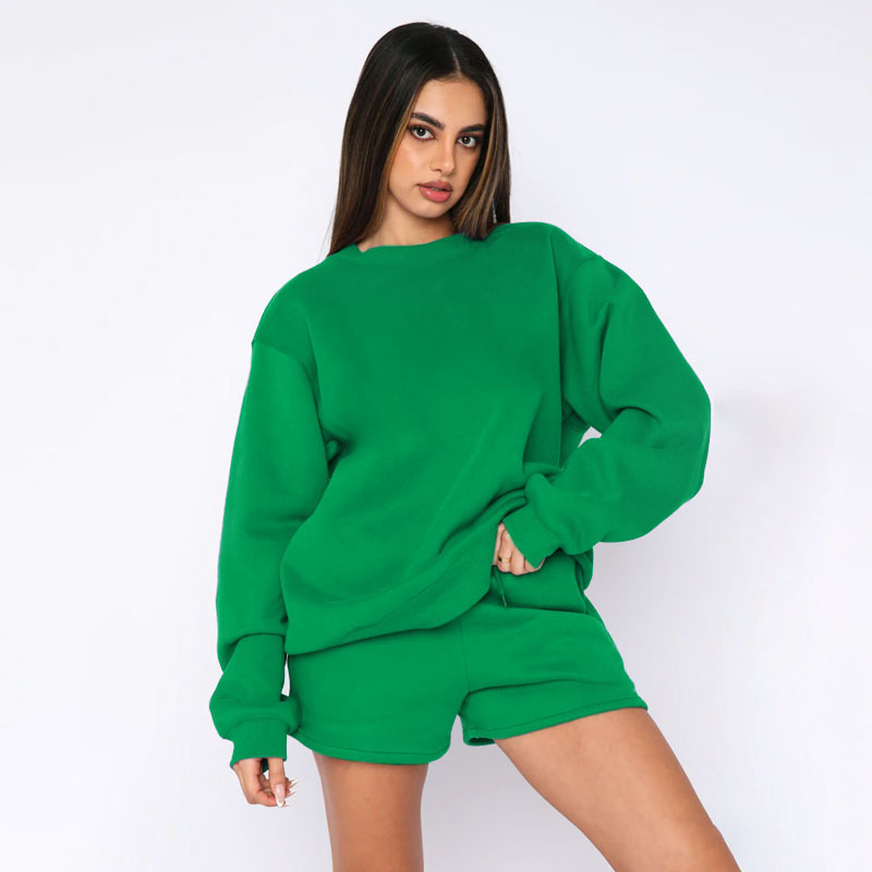 Einfarbiger Pullover, Rundhalsausschnitt, Langarm, modisches, lässiges Shorts-Set_voghion.com