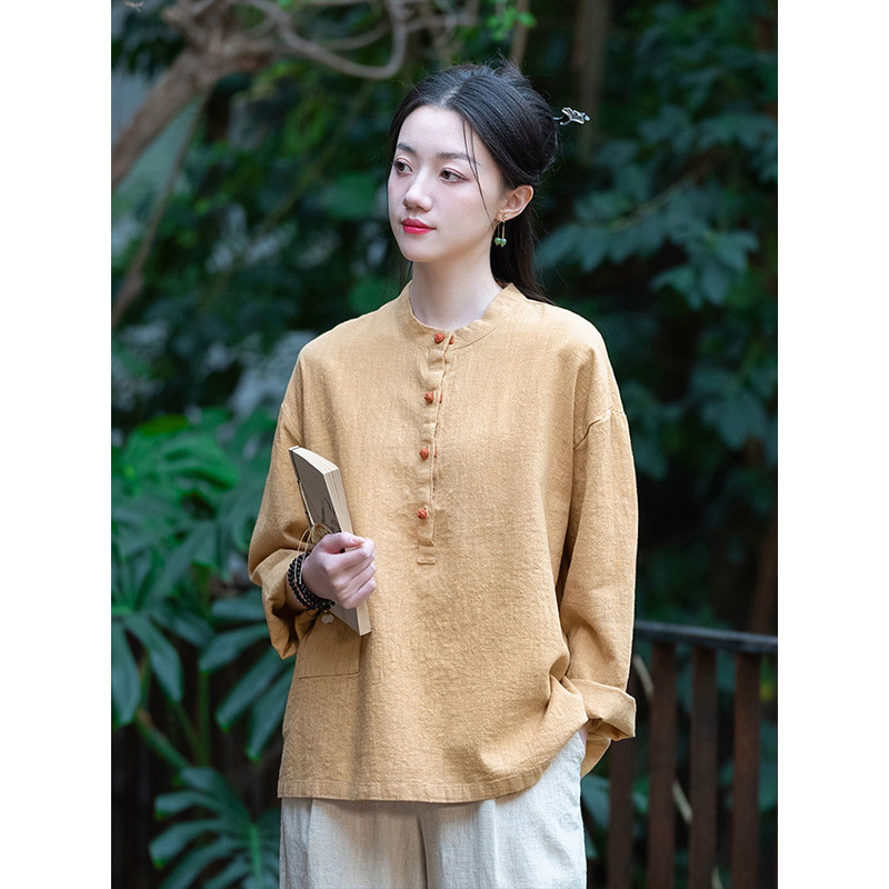 女性用在家服、中国風婦人服、綿麻ボタン付きトップス、禅服、中国風仏教禅無地スーツ|undefined