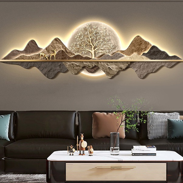 Modern light luxury living room decorative painting LED light back with mountain mural horizontal high-grade sofa background wall hanging painting