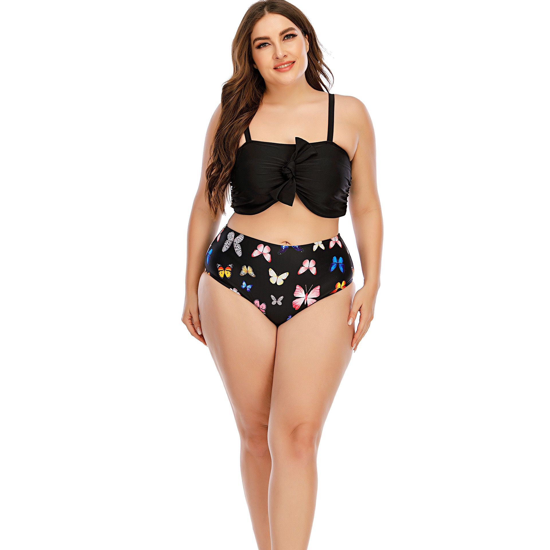 conjunto de dos piezas de bikini de cintura alta anudado con tirantes estampados de talla grande NSJHD124948