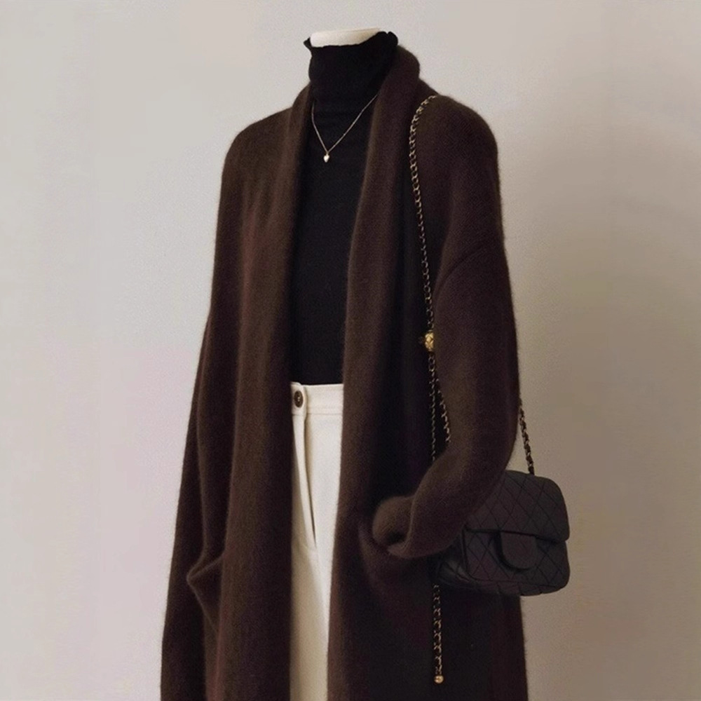 美拉德咖色中长毛衣开衫外套女秋冬加厚感欧过膝针织大衣