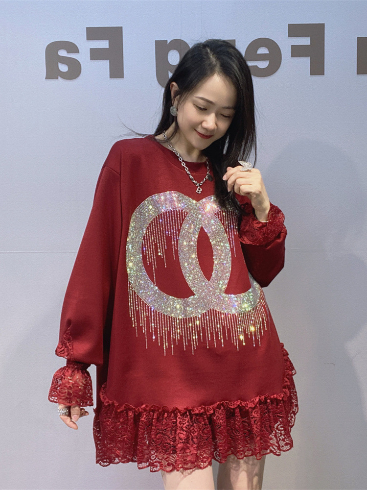 Ropa de Mujer Europea y estadounidense transfronteriza suelta y de alta gama blusa de manga larga de encaje de otoño femenino empalmada camisa de manga larga de cuello redondo de diamante de agua image 6