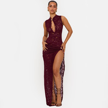 欧美跨境热销新款宴会礼服连衣裙性感辣妹气质蕾丝镂空高开叉长裙