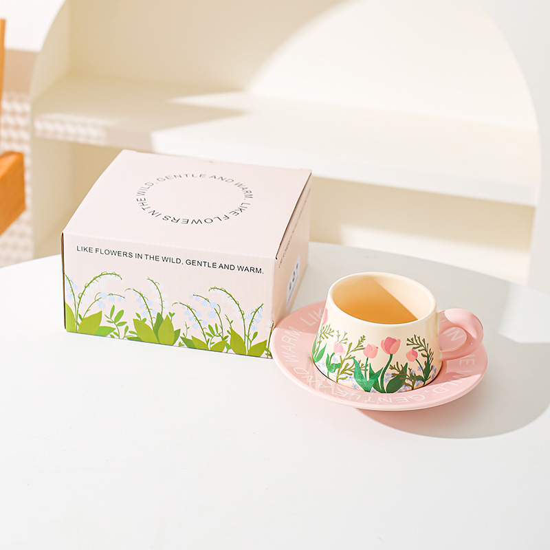 Juego de tazas y platillos de café de cerámica de estilo pastoral, taza de té de la tarde de celebridades de Internet, combinación de dim sum, sentido de alta calidad, fresco, literario y romántico