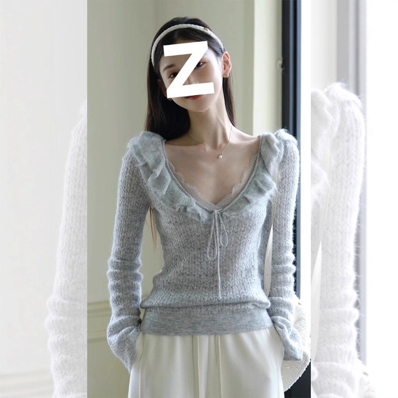 French-Style Gray Drawstring Long-Sleeve Sweater for Women, Autumn and Winter Petite Lace Spliced Base Knit Top