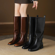 欧美气质显瘦圆头粗跟骑士靴女2025秋冬新款真皮不过膝长靴高筒靴