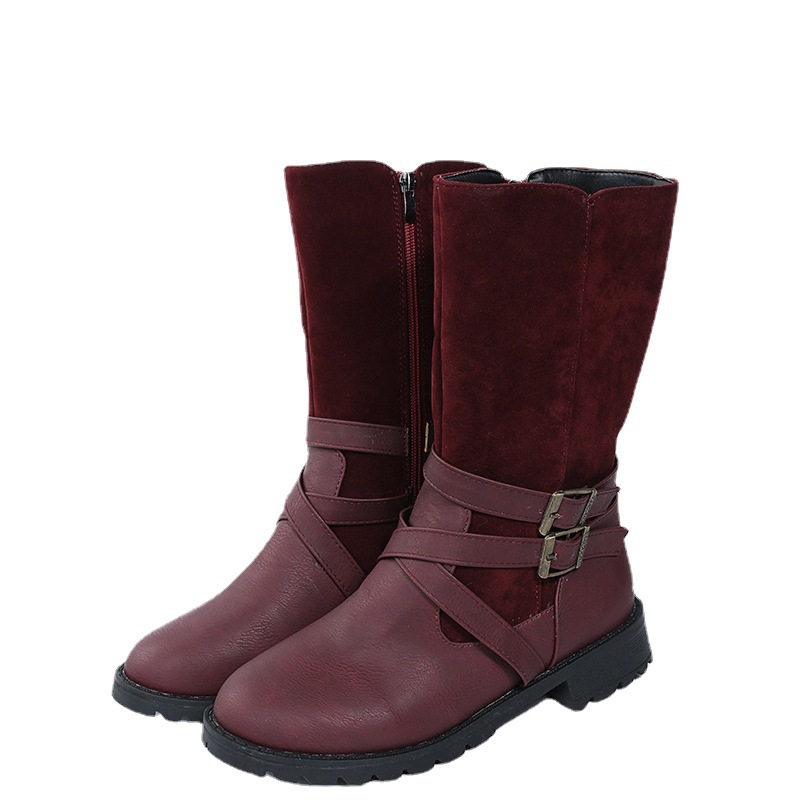Women's Shoes mid tube Martin boots belt buckle round head low heel knight boots side zipper leather boots_voghion.com