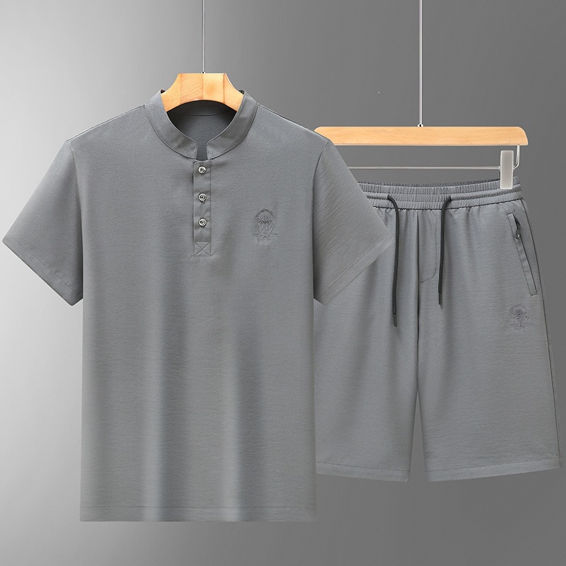 Middle-aged men's summer round neck short-sleeved T-shirt, cotton and linen Chinese style sportswear set, ice silk